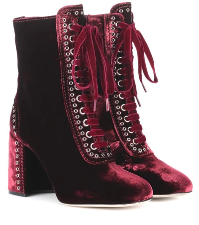 Miu Miu Lace-up Eyelet-embellished Velvet Ankle Boots In Red