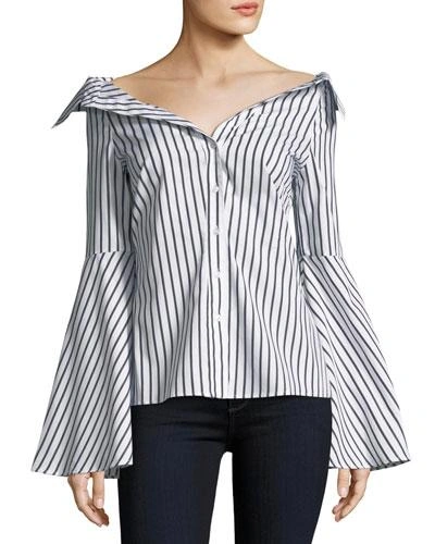 Caroline Constas Persephone Off-the-shoulder Button-front Striped Poplin Top In White Pattern