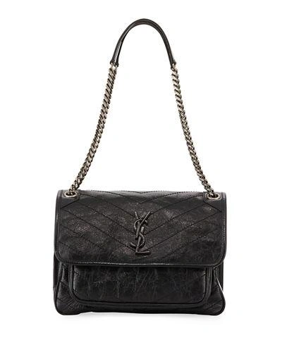 Saint Laurent Niki Medium Crinkled Calf Flap-top Shoulder Bag In Black