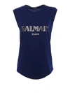 Balmain Button-embellished Printed Cotton-jersey Top In Blue