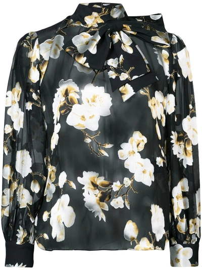 Alice And Olivia Violeta Sheer Floral-print Bow-neck Blouse In Holiday Blossom