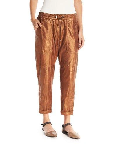 Brunello Cucinelli Metallic Leather Cropped Utility Pants In Orange