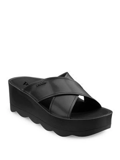 Prada 60mm Brushed Leather Wedge Slide Sandals In Black