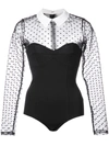 Fleur Du Mal Dotted Tulle Collared Bodysuit In Black