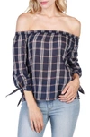 Paige Antonia Plaid Off-the-shoulder Top In Dark Ink Blue/ Baked Apple