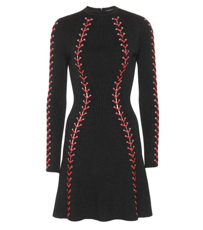 Alexander Mcqueen Bouclé Knit Mini Dress With Leather Lacing In Black,red