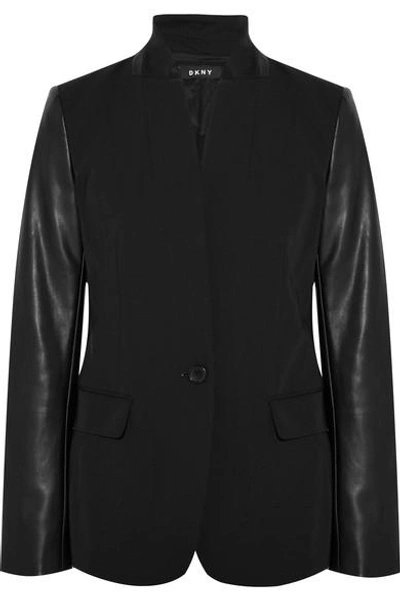 Dkny Twill And Faux Leather Blazer In Black