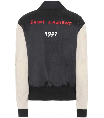 Saint Laurent Oversize Embroidered Satin Bomber Jacket, Black/ivory In Nerobeige