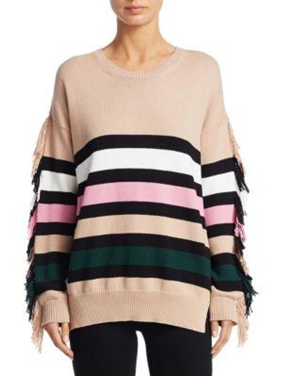 N°21 Crewneck Striped Knit Sweater With Fringed Trim In Cipria