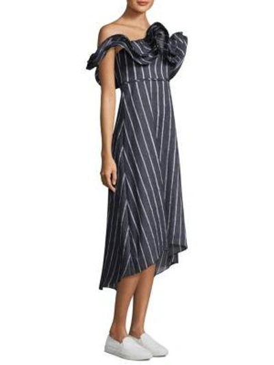 Prose & Poetry Mirabelle Ruffled Off-the-shoulder Striped A-line Dress In Dark Indigo