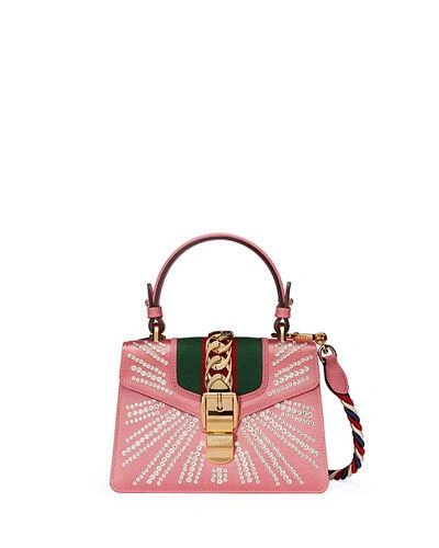 Gucci Mini Sylvie Crystal Burst Top Handle Leather Shoulder Bag - Pink