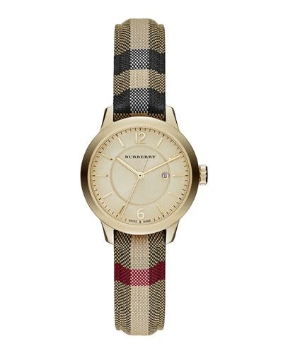 Burberry 32mm Round Golden Watch With Check Strap
