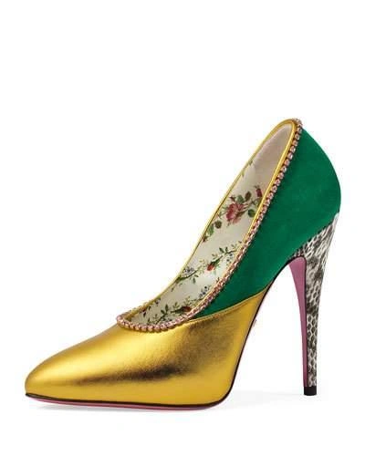 Gucci Women's Peachy Embellished Leather & Suede Pumps In Green