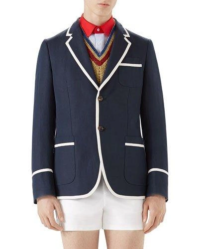 Gucci Monaco Cotton Linen Jacket In Linen, Ink Blue