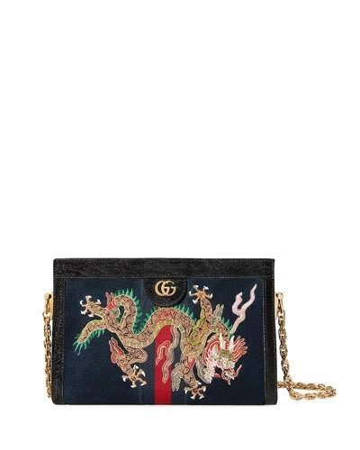 Gucci Ophidia Embroidered Dragon Suede Shoulder Bag - Blue
