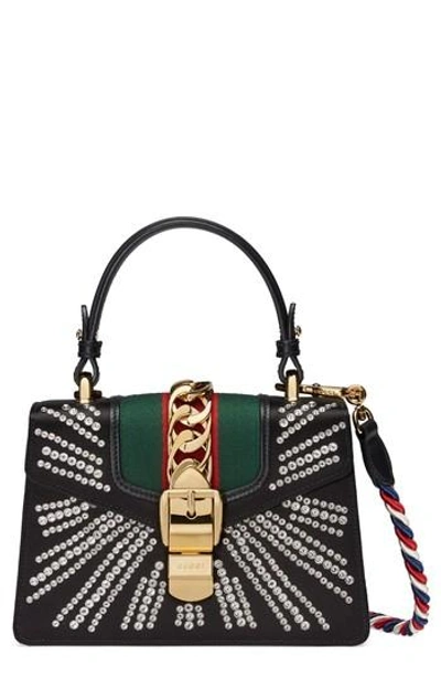 Gucci Mini Sylvie Crystal Burst Top Handle Leather Shoulder Bag - Black In Nero/ Crystal/ Mystic White