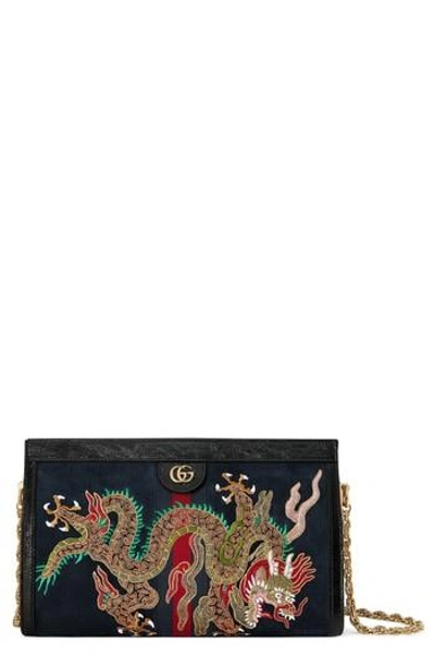 Gucci Ophidia Embroidered Dragon Suede Shoulder Bag - Blue In Blue Multi/ Nero/ Red
