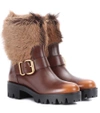 PRADA FUR-TRIMMED LEATHER BOOTS,P00269300