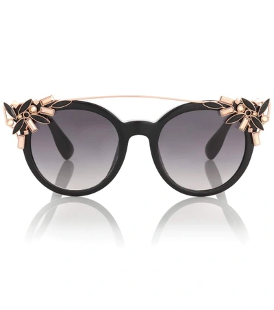 Jimmy Choo Vivy Black And Gold Round Framed Sunglasses With Detachable Jewel Clip On In Dark Grey Shaded