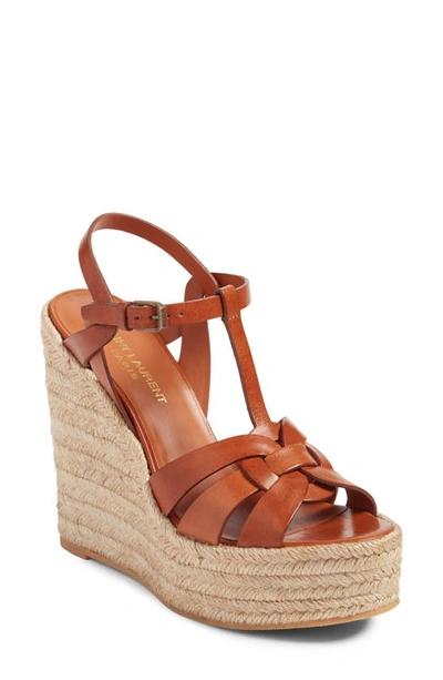 Saint Laurent Calfskin T-strap Espadrille Platform Sandals In Brown