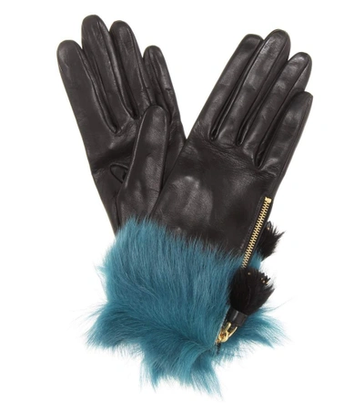 Prada Fur-trimmed Leather Gloves In Black