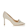 JIMMY CHOO ROMY 85 Platinum Ice Dusty Glitter Pointy Toe Pumps with Crystal Tiara,ROMY85ARR S