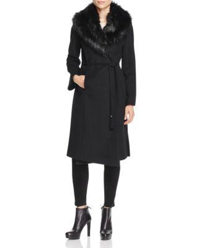Via Spiga Belted Faux Fur-trim Wrap Maxi Coat In Black