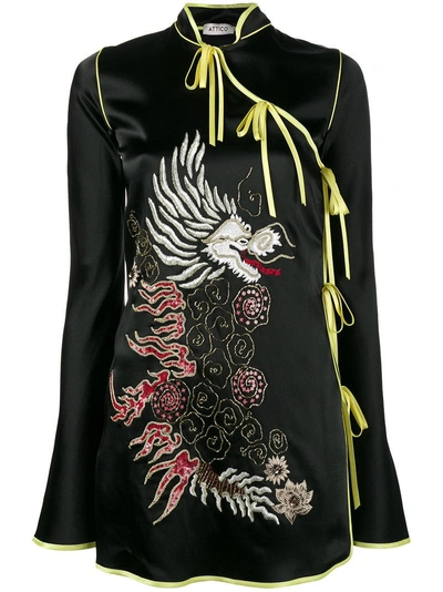 Attico Dragon-embroidered Satin Kimono Dress In Black
