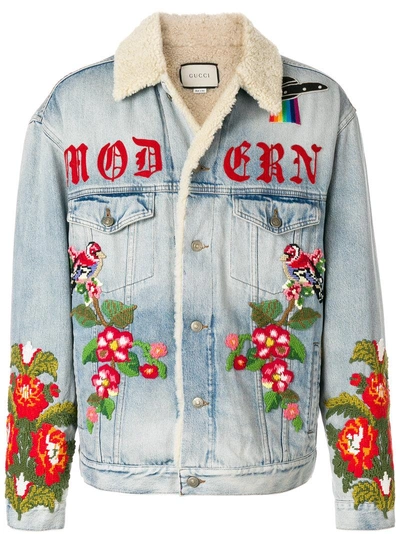 Gucci Blue Denim Shearling Embroidered modern Future Jacket In Light Blue ModeSens