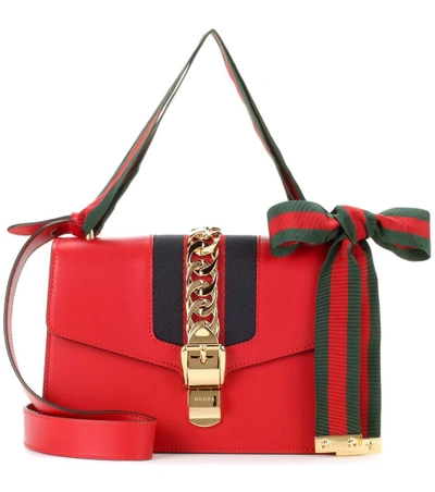 Gucci Sylvie Mini Chain-embellished Leather Shoulder Bag In Red