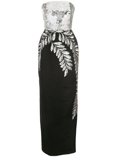 Oscar De La Renta Strapless Sequined Leaf Column Gown In Black