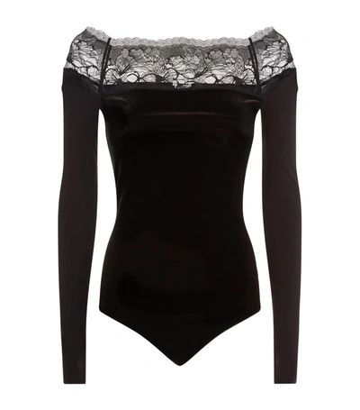 Wolford Plush Lace-trim Velvet Bodysuit In Black