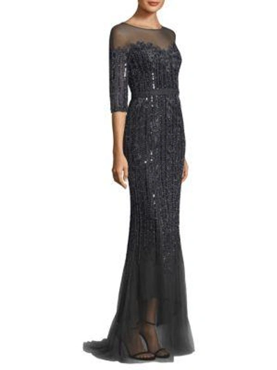 Basix Black Label Mesh Embellished Gown In Charcoal