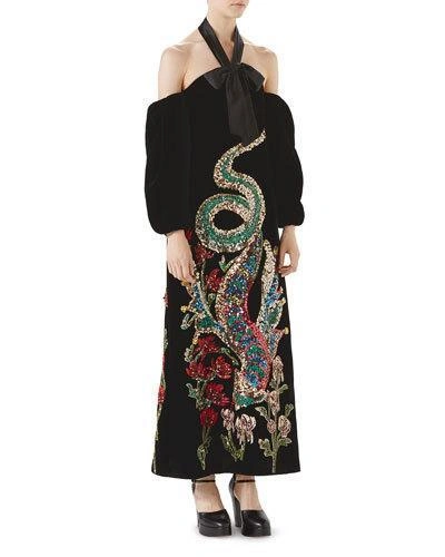 Gucci Sequin Embroidered Velvet Gown In Black