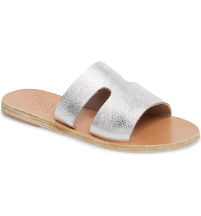 Ancient Greek Sandals Apteros Cutout Leather Flat Slide Sandals In Metal Silver