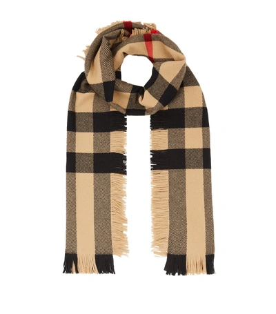 Burberry Half Mega Check Fashion Fringe Wool Scarf In Camel