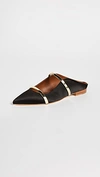 Malone Souliers Maureen Metallic Leather-trimmed Satin Point-toe Flats In Black/platino