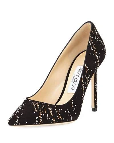 Jimmy Choo Romy 85 Black Suede Pointy Toe Pumps With Gold Mix Hotfix Crystal Fireworks In Black/gold