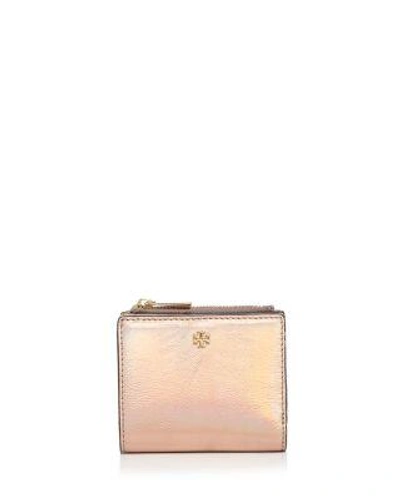 Tory Burch Robinson Metallic Mini Leather Wallet In Pink Opal/gold