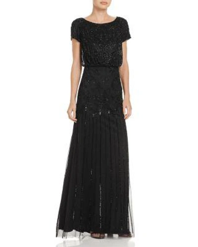 Adrianna Papell Beaded Short-sleeve Gown In Black