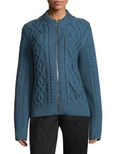Marc Jacobs Zip-front Crewneck Cable-knit Merino Wool Cardigan In Blue