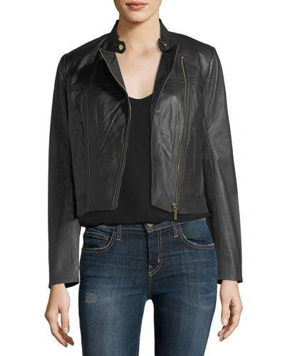 Michael Michael Kors Cropped Leather Jacket In Black Gold