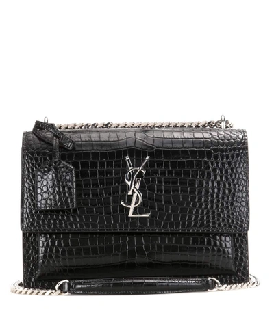 Saint Laurent Medium Sunset Croc Embossed Leather Bag In Black