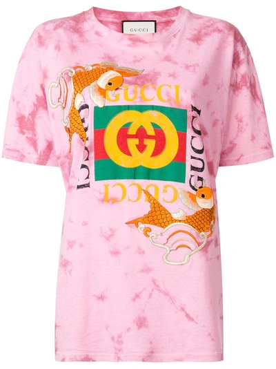 Gucci Oversize T-shirt With Embroidered Fishes In Pink