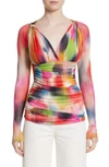 FUZZI BRUSHSTROKE PRINT RUCHED TULLE TOP,F81440-10056