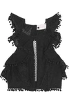 ZIMMERMANN WOMAN RUFFLED BRODERIE ANGLAISE COTTON HALTERNECK TOP BLACK,US 1998551928958010