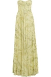 HALSTON HERITAGE HALSTON HERITAGE WOMAN STRAPLESS PLEATED PRINTED SILK-CHIFFON GOWN LIME GREEN,3074457345617133813