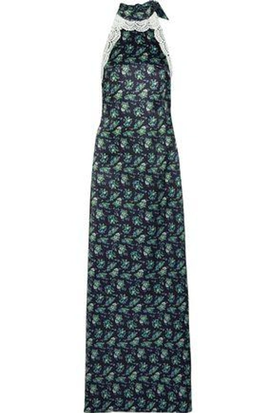 House Of Holland Woman Lace-trimmed Floral-print Satin Halterneck Maxi Dress Navy