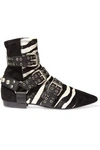 ISABEL MARANT WOMAN EMBELLISHED LEATHER-TRIMMED SUEDE AND ZEBRA-PRINT CALF HAIR ANKLE BOOTS BLACK,US 2526016082568382
