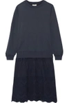 CLU WOMAN MIX MEDIA BRODERIE ANGLAISE-PANELED COTTON-JERSEY DRESS NAVY,GB 2526016082300560